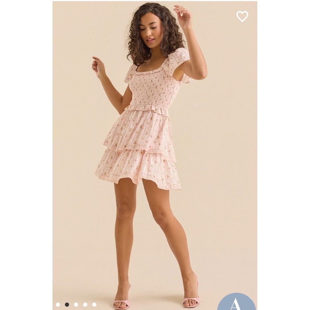 Altar'd State Pink Floral Smocked Tiered Lace Trim Mini Dress Size Medium